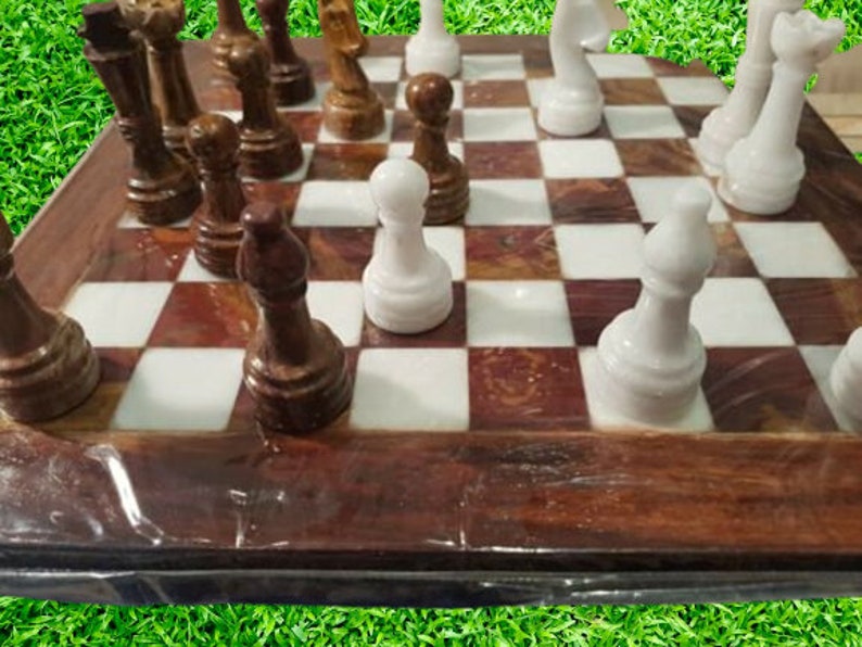 Handmade Marble Chess Set, Red Border Chess Game, Adult Chess Game