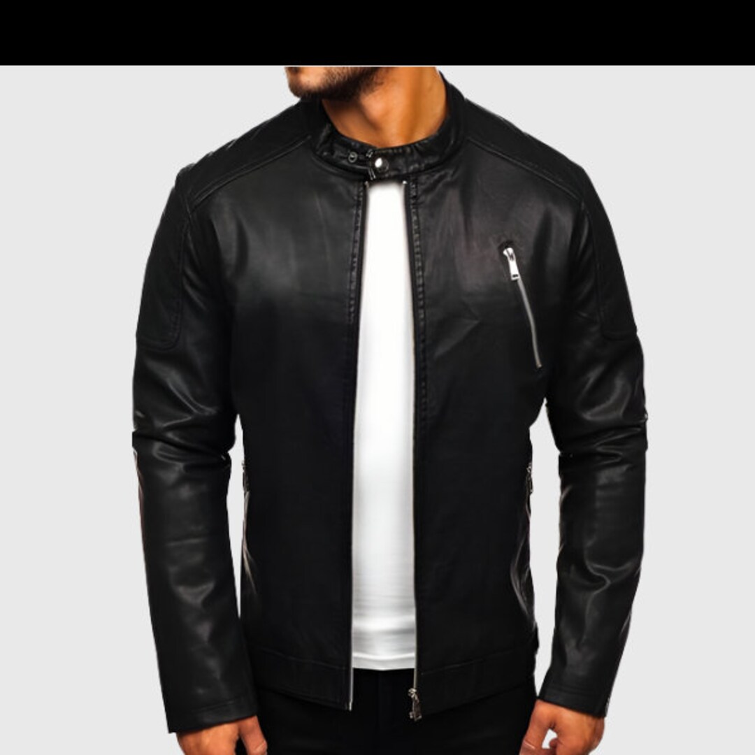 Black Leather Jacket for Men, Snap Button Collar Cafe Racer Jacket With