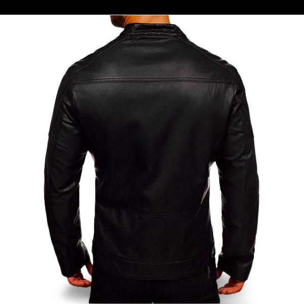 Black Leather Jacket for Men, Snap Button Collar Cafe Racer Jacket With