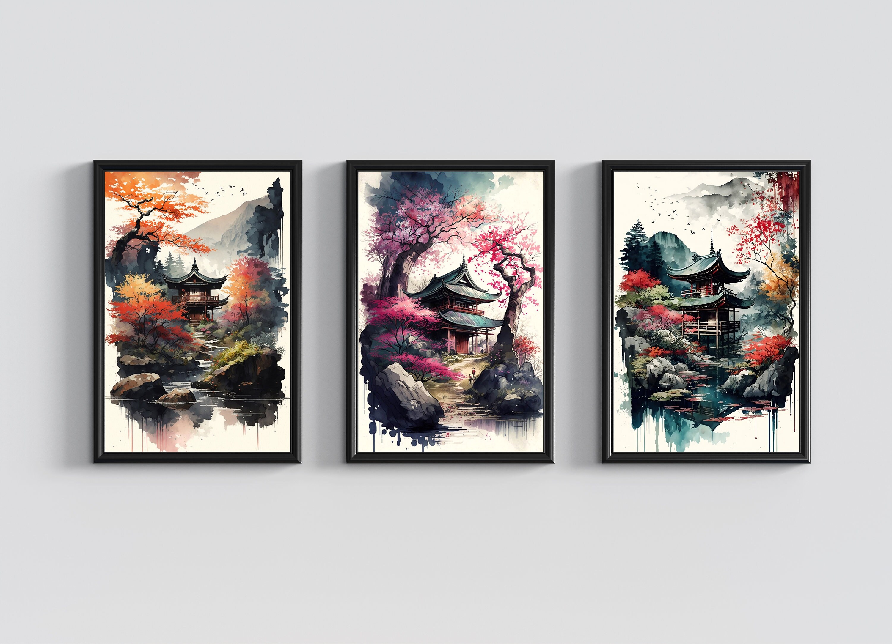 Set of 3 Japanese Landscape Wall Art Posters, Japanese Decor Posters