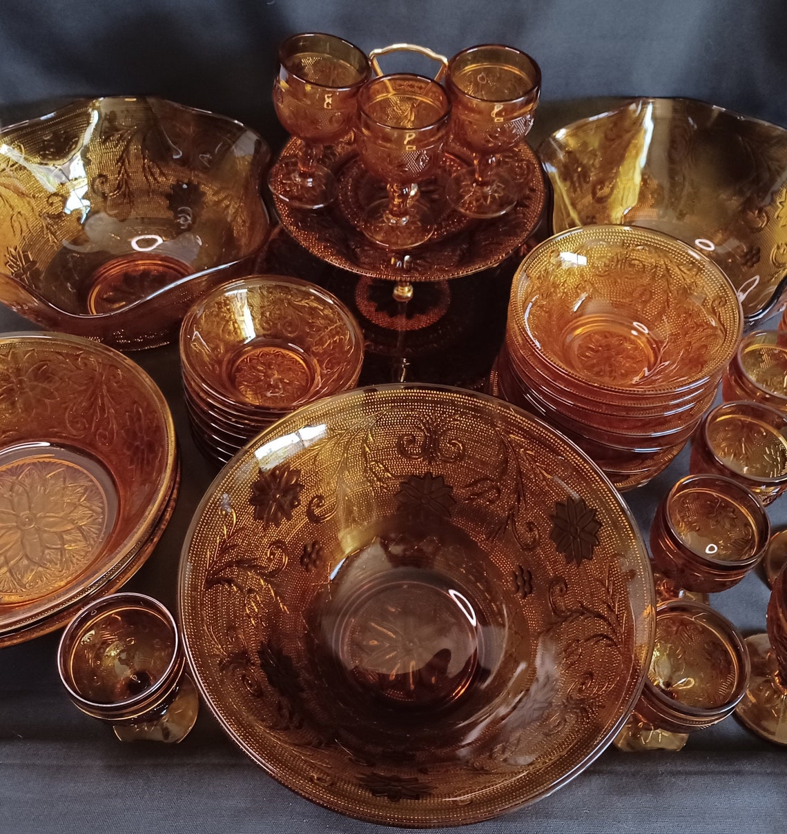 Indiana Glass Tiara Amber 48 Piece Glassware Set Bowls Etsy
