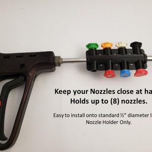 May include: A black nozzle holder for a pressure washer. It can hold up to 8 nozzles and is easy to install onto a standard 1/2 inch diameter lance.  The holder has a variety of colored nozzles attached to it.