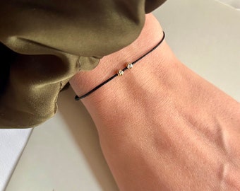 Womens String Bracelet with 2 Solid 18k Gold Beads, Minimalist Wish Dainty Beaded Bracelet, Anniversary Gift for Her, Stackable Jewelry