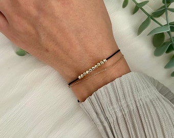 Solid 18k Gold Beaded Bracelet, Adjustable String, Minimalist Wish Dainty Friendship Bracelet,Anniversary Gift for Her,Pure Gold, Stacking