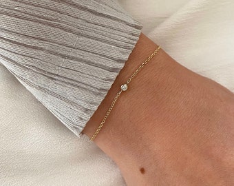 Womens Diamond Bracelet in Solid 14k Gold, Minimalist Dainty Chain Bracelet, Anniversary Gift, Diamond Solitaire Cable Bracelet for Her