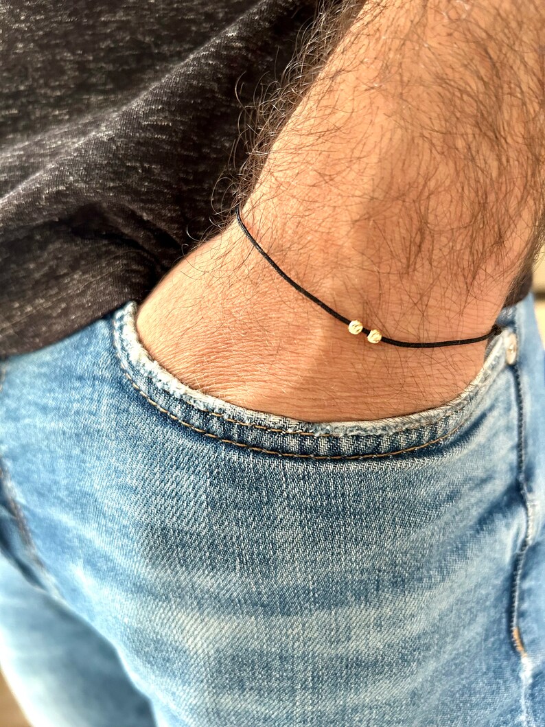 Mens String Bracelet With 2 Solid 18k Gold Beads, Minimalist Wish Friendship Jewelry