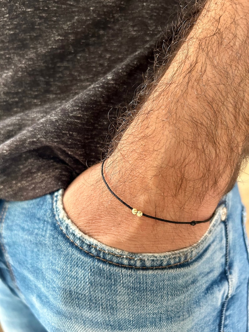 Mens String Bracelet With 2 Solid 18k Gold Beads, Minimalist Wish Friendship Jewelry