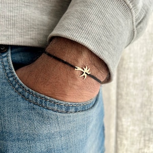 Pulsera para hombre con dije de palmera en oro macizo de 14 quilates, pulsera de hilo ajustable para hombre, joyería de amistad minimalista, regalo de aniversario para él