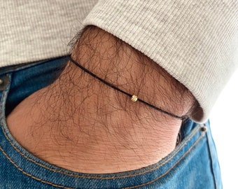 Mens String Armband met massief 18k gouden kralen, minimalistische wens vriendschap sieraden, verjaardagscadeau voor hem, Lucky Charm kralen armband