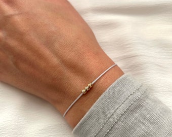 18k Solid Gold Beads Bracelet, Minimalist Dainty Lucky Charm, Stackable Gold Beaded Bracelet, Friendship Bracelet,Adjustable Silk Bracelet