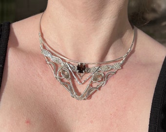 Faceted Smoky Quartz Choker | .925 Sterling Silver, Wire Weaved