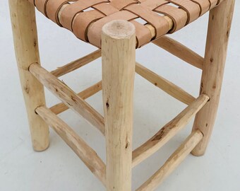 Moroccan stool, handmade wood stool, leather stool,traditional stool, boho stool