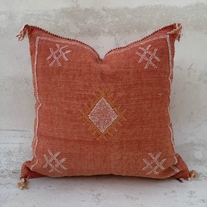 May include: A terracotta-colored throw pillow with a diamond-shaped pattern in white and yellow thread. The pillow has a fringe border and is made of a woven fabric.
