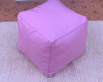 Pouf carré rose, pouf en cuir marocain, pouf ottoman, housse de pouf, coussin de siège, cuir véritable