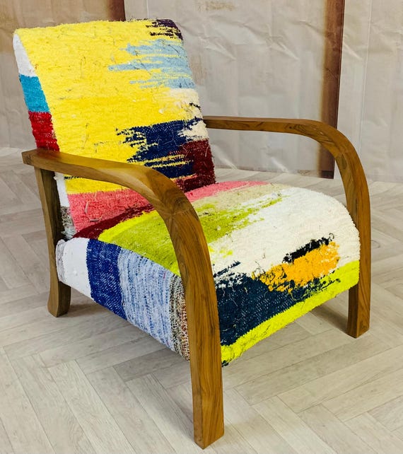 Handmade Moroccan Multicolored Chair Cozy Boho Accent Chair With