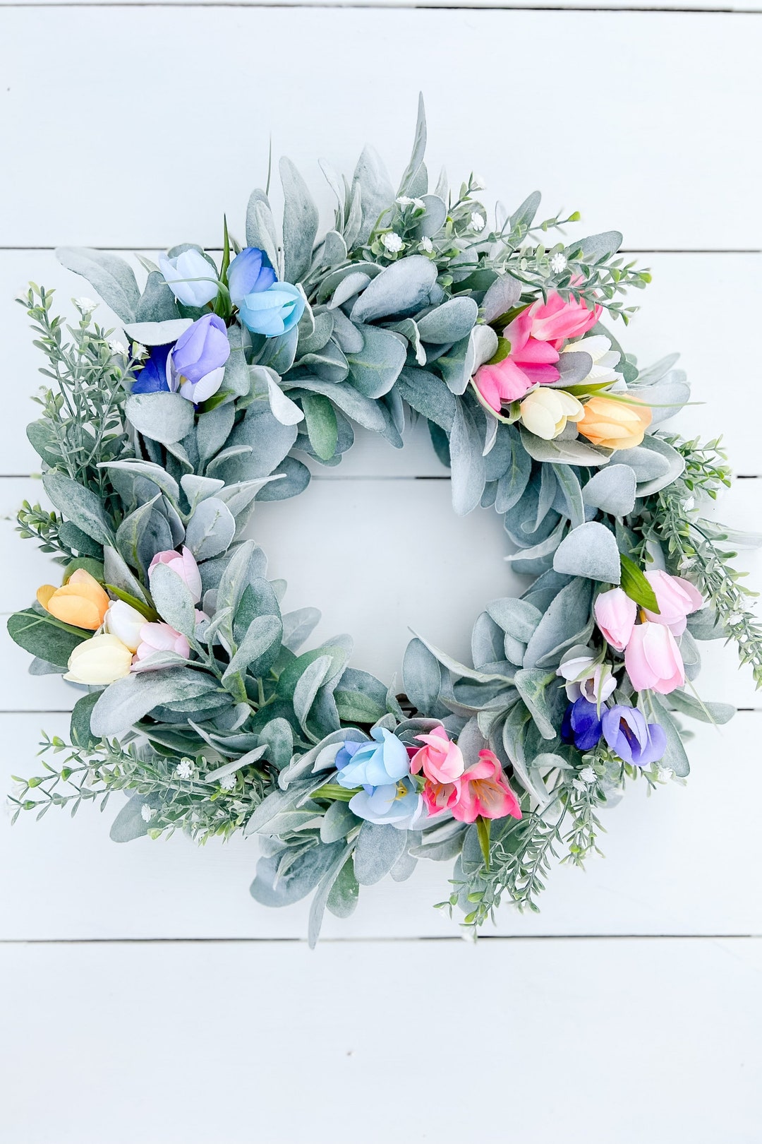 Spring Tulip and Lambs Ear Front Door Wreath  Pastel Tulip