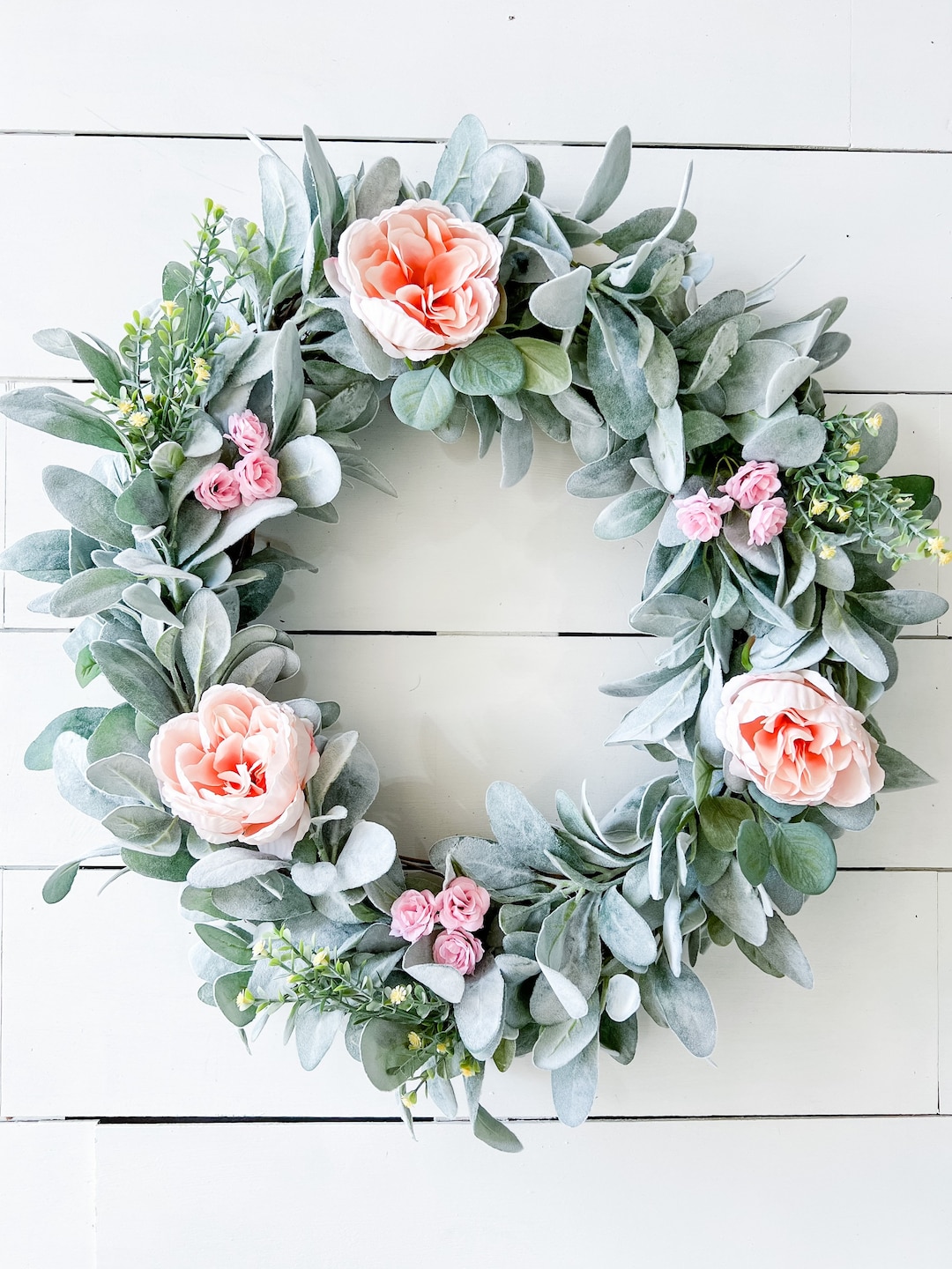 Spring Lamb's Ear & Rose Front Door Wreath  Pink Floral