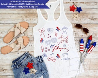 May include: White tank top with red and blue 4th of July themed graphics, including fireworks and stars. The image also shows denim shorts, sandals, sunglasses, and decorative stars and rockets. The text on the shirt says "4th of July".