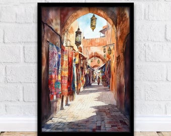 Marrakesh Watercolour Painting Poster Morocco Wall Art City Landscape Print Gift for Africa Lovers and Fans of Scenic Moroccan Architecture