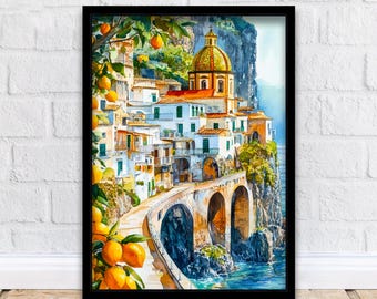 Amalfiküste Aquarell Malerei Poster Italien Wand Kunst Küsten Landschaft Druck Geschenk für Europa Liebhaber und Fans der malerischen italienischen Landschaft