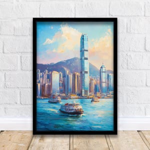 Poster con dipinto a olio di Hong Kong, stampa artistica da parete cinese, skyline della città, decorazione del porto di Victoria, regalo per gli amanti dei viaggi in Asia e per gli appassionati di paesaggi urbani