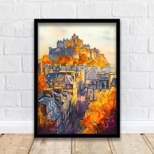 Edinburgh Watercolor Painting Poster Scotland Wall Art Historic City Print Castle Skyline Decor Gift for UK Travel Lovers and Scottish