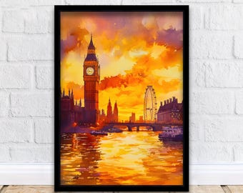 London Watercolour Painting England Wall Art City Skyline Print British Landmark Decor Travel Gift