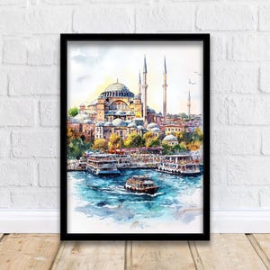 Istanbul Cityscape Watercolor Art Print, Hagia Sophia Painting, Turkey Travel Gift, City Wall Decor