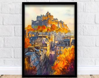 Edinburgh Watercolor Painting Poster Scotland Wall Art Castle Skyline Print Gift for UK Travel Lovers and Historic Scottish City