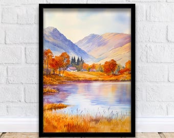 Scottish Highlands Aquarell Malerei Poster Schottland Wand Kunst Berglandschaft Druck Geschenk für UK Naturliebhaber und Fans von Landschaft