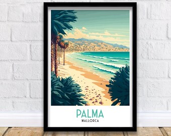 May include: A vintage travel poster with a retro design featuring a beach scene with palm trees, blue water, and a sandy shore. The text on the poster reads "PALMA MALLORCA".