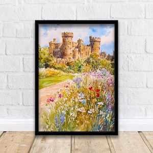 Aquarelle du château d&#39;Alnwick, art mural de Northumberland, impression de château historique, décoration d&#39;Angleterre médiévale, cadeau