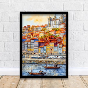 Porto Watercolor Painting Poster Portugal Wall Art Douro River City Print Decor Gift for Europe Lovers and Fans of Scenic Portuguese