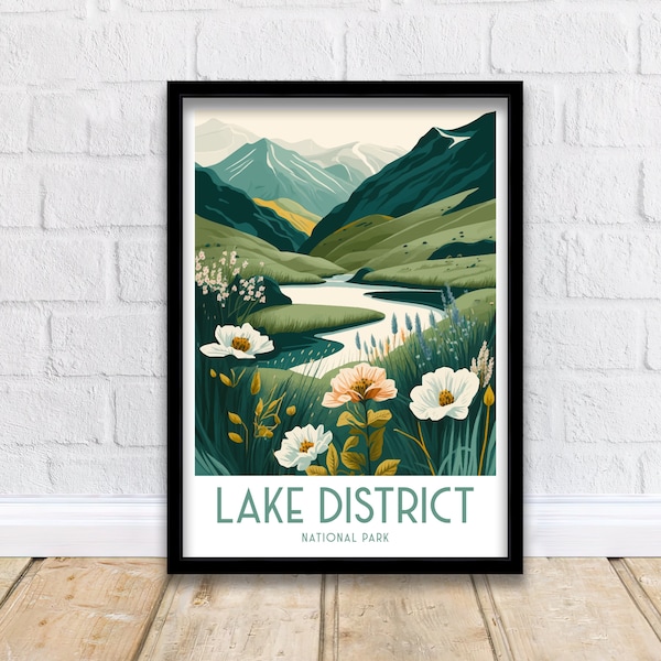 Impressão de viagem do Lake District, arte de parede do Parque Nacional do Reino Unido - pôster de viagem da Inglaterra, decoração de casa do Lake District, presente para caminhantes - ilustração da natureza