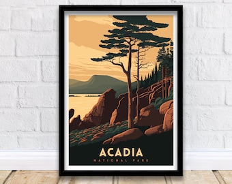 May include: A vintage-style poster with a scenic view of Acadia National Park. The poster features a large pine tree in the foreground, with a body of water and mountains in the background. The text "Acadia National Park" is printed in white at the bottom of the poster.