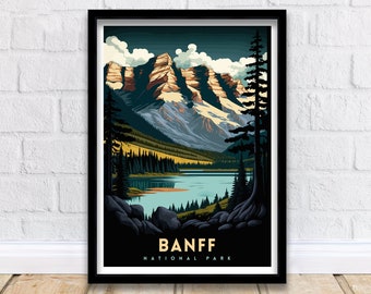 May include: A vintage-style travel poster featuring a scenic view of a lake and mountains in Banff National Park, Canada. The poster has a dark blue background with a light blue lake and brown mountains. The text "BANFF NATIONAL PARK" is in gold lettering at the bottom of the poster.