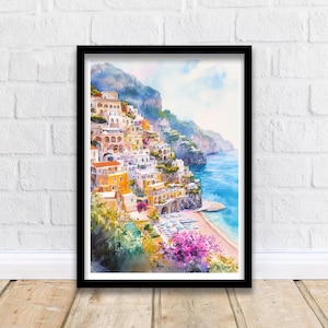 Positano Italien Aquarell Reise Druck Wanddekoration Wandkunst Positano Landschaft Wandbehang Wohnkultur Italienische Küste Geschenk Kunstliebhaber Landschaftlich