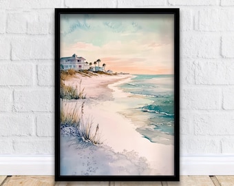 May include: A watercolor painting of a beach scene with a white sandy beach, blue ocean waves, and a row of houses in the distance. The sky is a soft blue with pink and orange clouds.