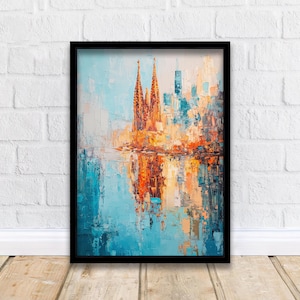 Puede incluir: Una pintura de un horizonte urbano con una gran catedral en el centro. La catedral se refleja en el agua de abajo. La pintura está hecha en un estilo colorido e impresionista.