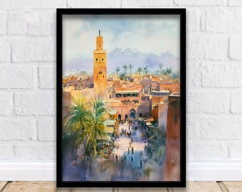 Marrakesh Morocco Watercolor Travel Print Wall Decor Wall Art Marrakesh Landscape Wall Hanging Home Décor Moroccan City Gift Art Lovers
