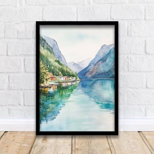 Olden Norway Watercolor Painting Norwegian Fjord Art Olden Print Scenic Mountain Lake Decor Gift for Norway Lovers