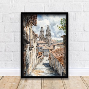 Santiago de Compostela Cathedral Watercolor Painting Camino de Santiago Art Print Galicia Spain Pilgrimage Gift