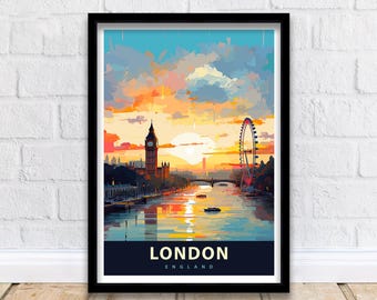Plakat podróżniczy do Londynu Wielka Brytania Sztuka miejska Wydruk panoramy Londynu Plakat widokowy Londyn Dekoracja Big Ben Sztuka ścienna Londynu