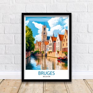 Impresión de viaje de Brujas, Bélgica, decoración de pared, arte de pared, vista del canal de Brujas, colgante de pared, decoración del hogar, regalo de arte belga, amantes del arte, impresión de ciudad medieval
