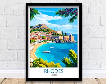 May include: A colorful illustration of Rhodes, Greece, featuring a coastal town with a fortress, a blue bay, and a sandy beach. The text "RHODES GREECE" is at the bottom of the image.