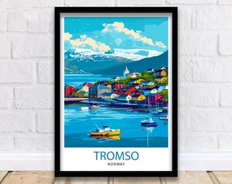 May include: A colorful illustration of the city of Tromso, Norway. The image shows a cityscape with colorful buildings, a blue body of water, and a mountain range in the background. The text "Tromso, Norway" is printed at the bottom of the image.