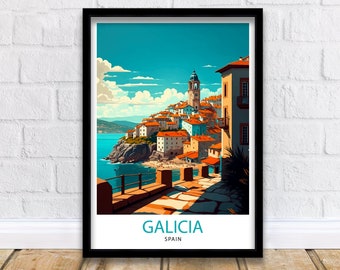 Pôster de viagem da Galiza, Espanha, ilustração de uma vila costeira.