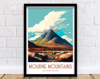 Stampa artistica e poster di viaggio delle montagne di Mourne, Irlanda.