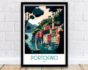 Portofino Italy Travel Print, Coastal Village Wall Decor