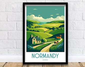Normandy France Travel Poster, Illustrated Landscape Art Print